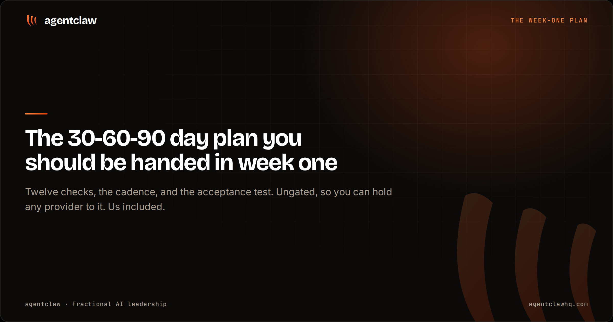 Cover card reading: the 30-60-90 day plan you should be handed in week one, over a note that it carries twelve checks, the cadence and the acceptance test, ungated so you can hold any provider to it.