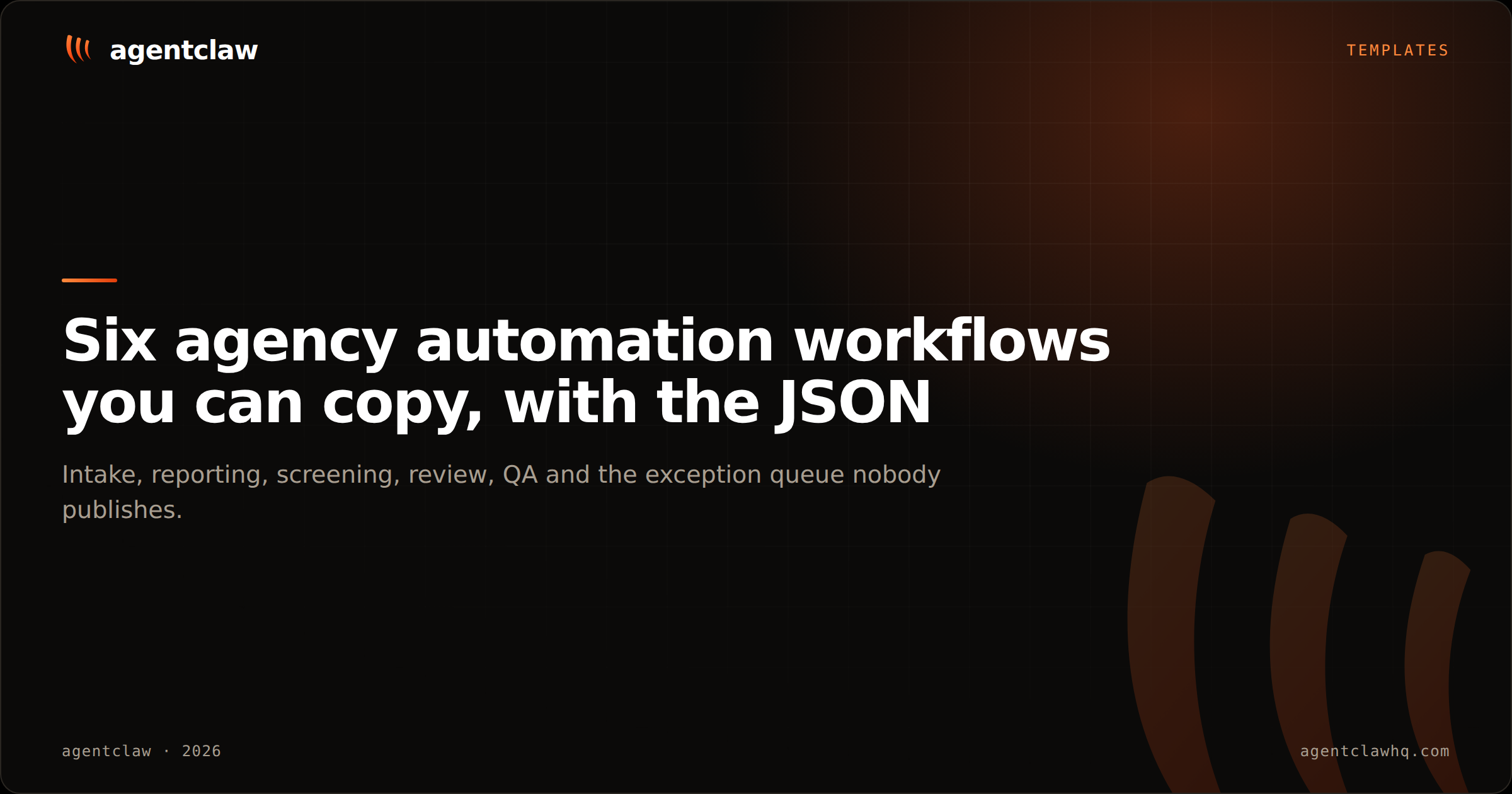 Cover card reading: six agency automation workflows you can copy, with the JSON, over the agentclaw claw mark.