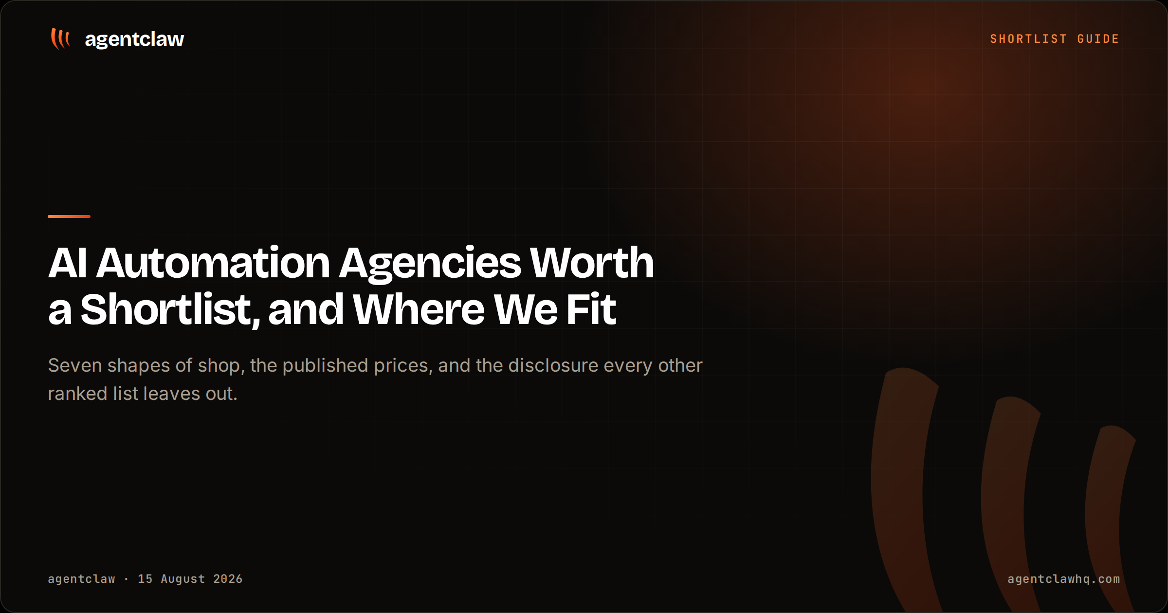 Cover card reading: AI Automation Agencies Worth a Shortlist, and Where We Fit, over the agentclaw claw mark.