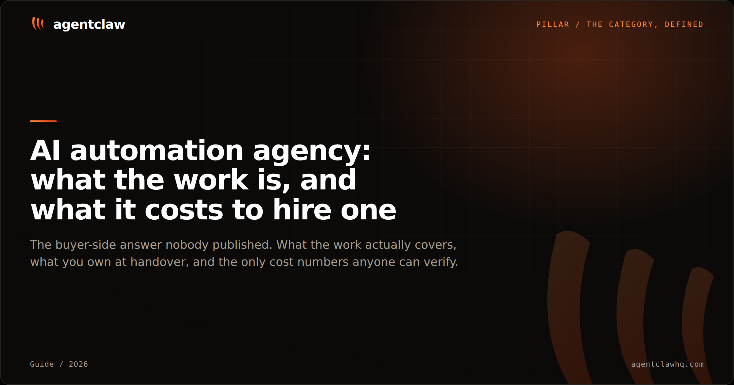 Cover card reading: AI automation agency, what the work is and what it costs to hire one, over the agentclaw claw mark.