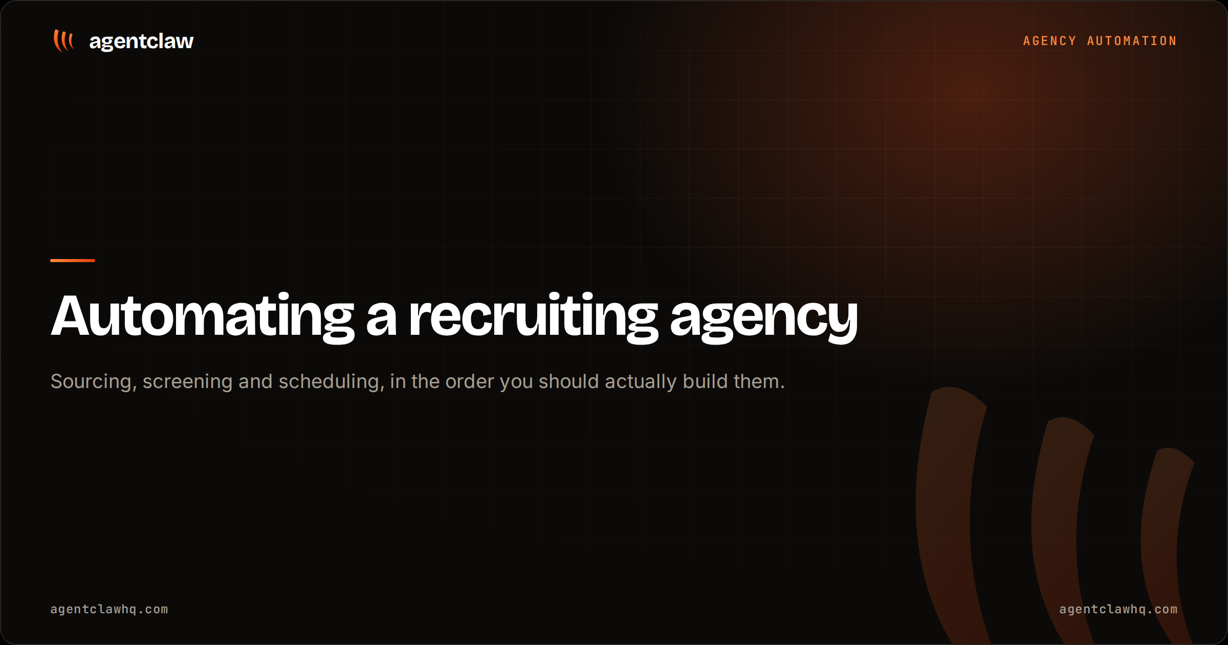Cover card reading: automating a recruiting agency, sourcing, screening and scheduling, over the agentclaw claw mark.