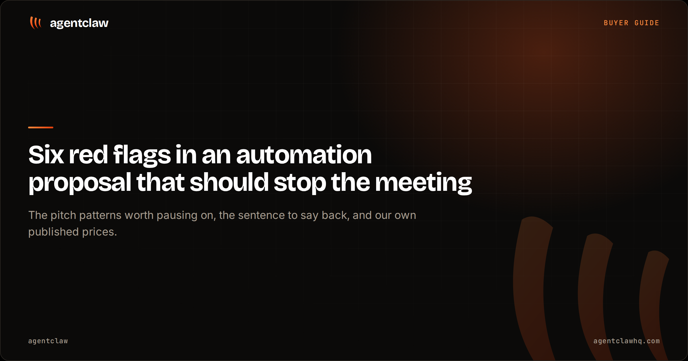 Cover card reading: six red flags in an automation proposal that should stop the meeting, over the agentclaw claw mark.