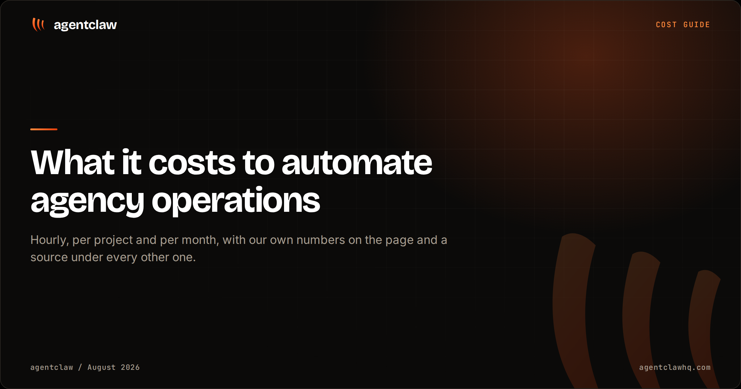 Cover card reading: what it costs to automate agency operations, hourly, per project and per month, over the agentclaw claw mark.