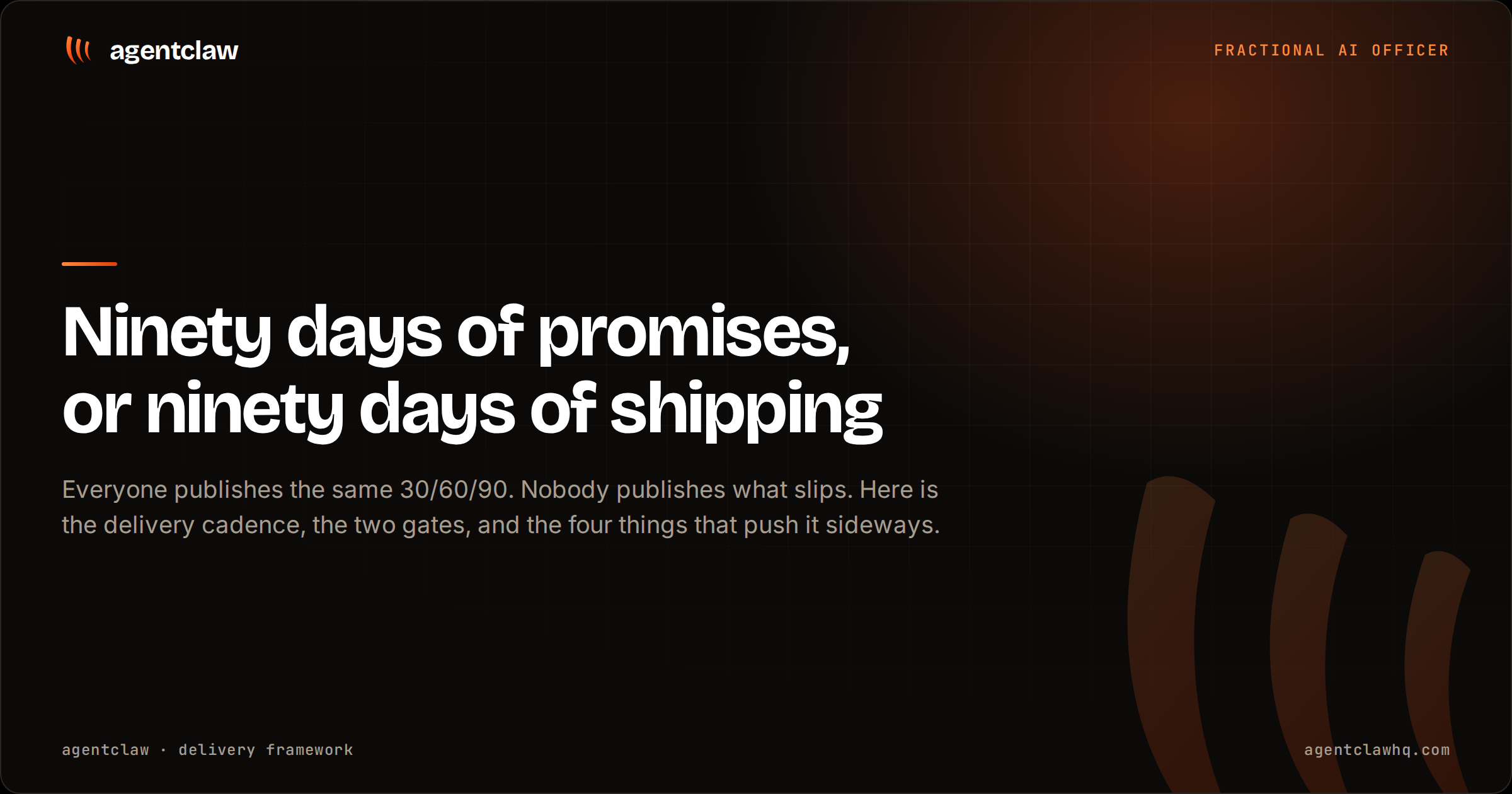 Cover card reading: ninety days of promises, or ninety days of shipping, over a note that everyone publishes the same thirty sixty ninety plan and nobody publishes what slips.