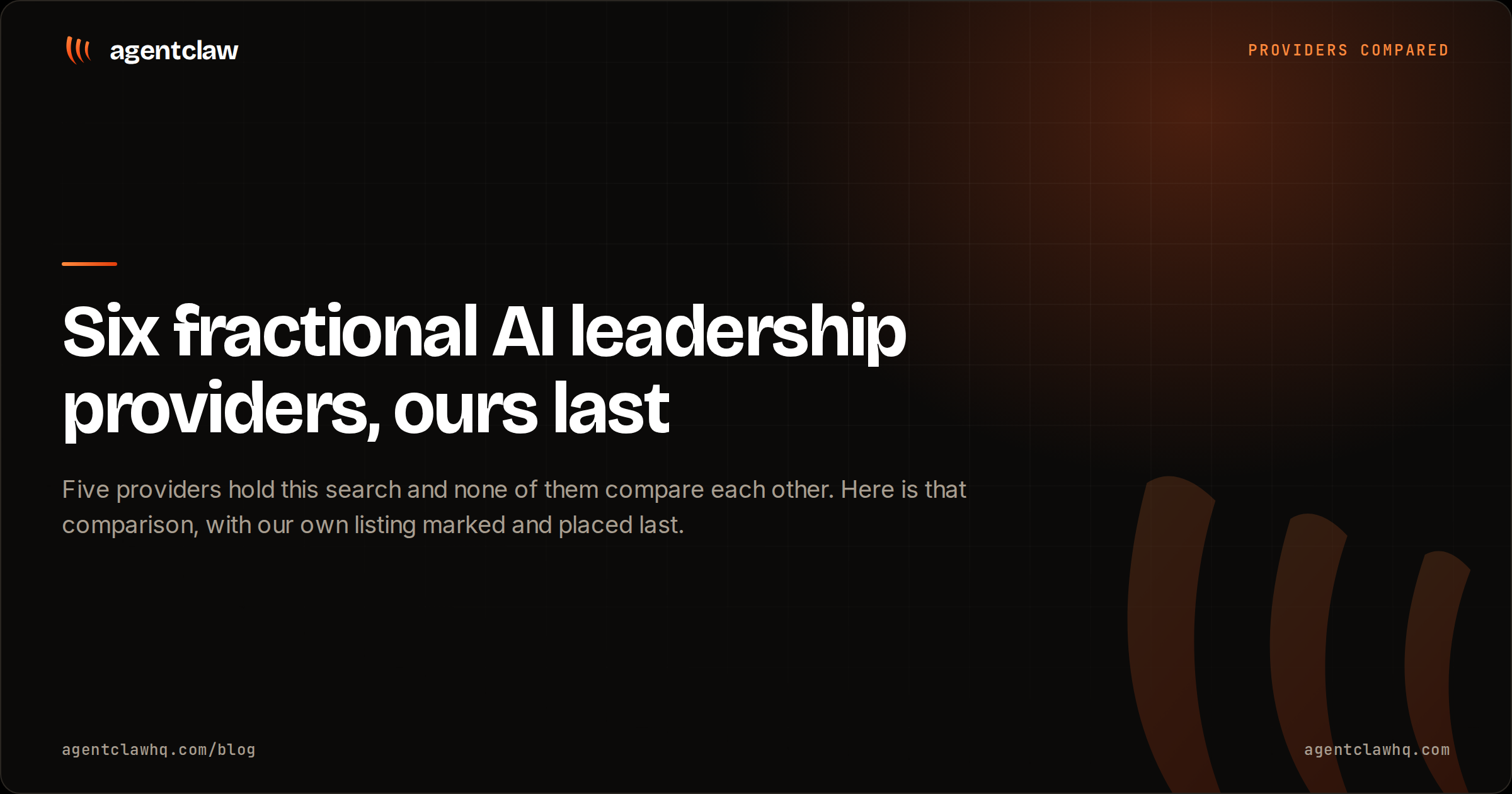 Cover card reading: six fractional AI leadership providers, ours last. Five providers hold this search and none of them compare each other, with our own listing marked and placed last.
