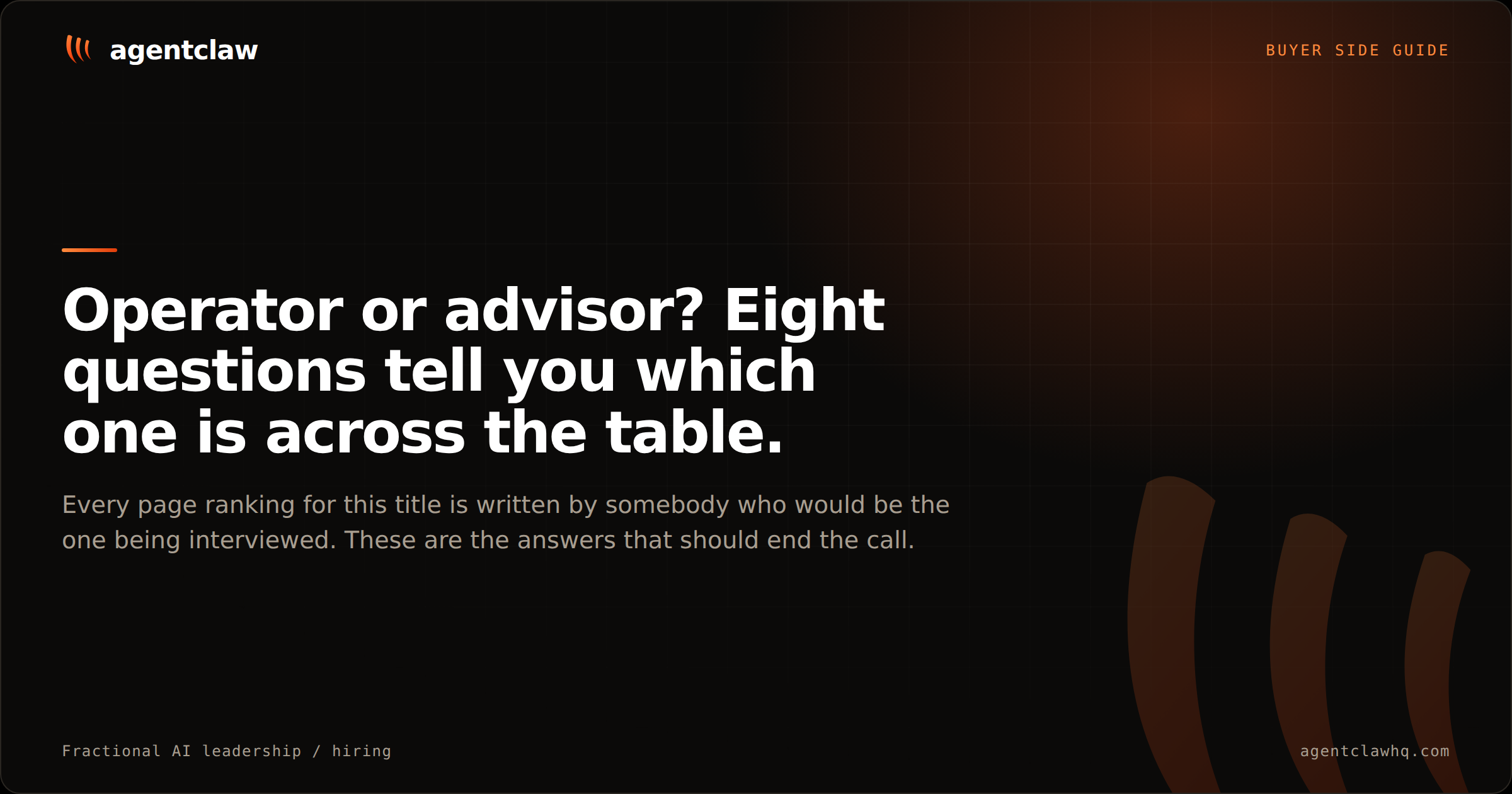 Cover card reading: operator or advisor, eight questions tell you which one is across the table.