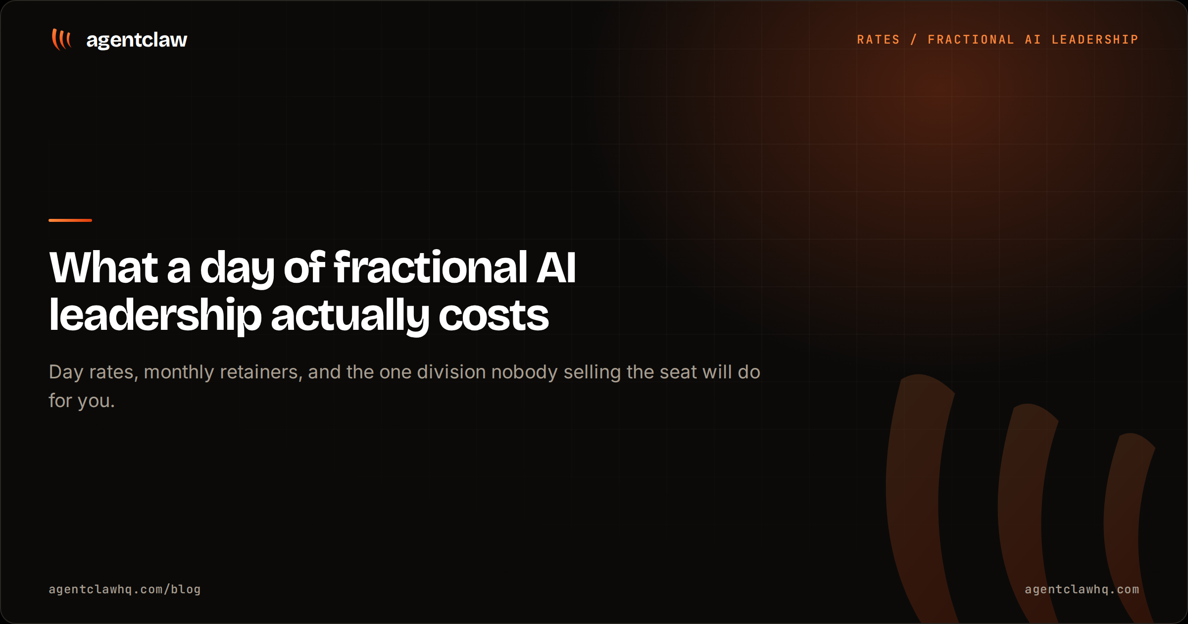 Cover card reading: what a day of fractional AI leadership actually costs, over a note about day rates, monthly retainers and the one division nobody selling the seat will do for you.