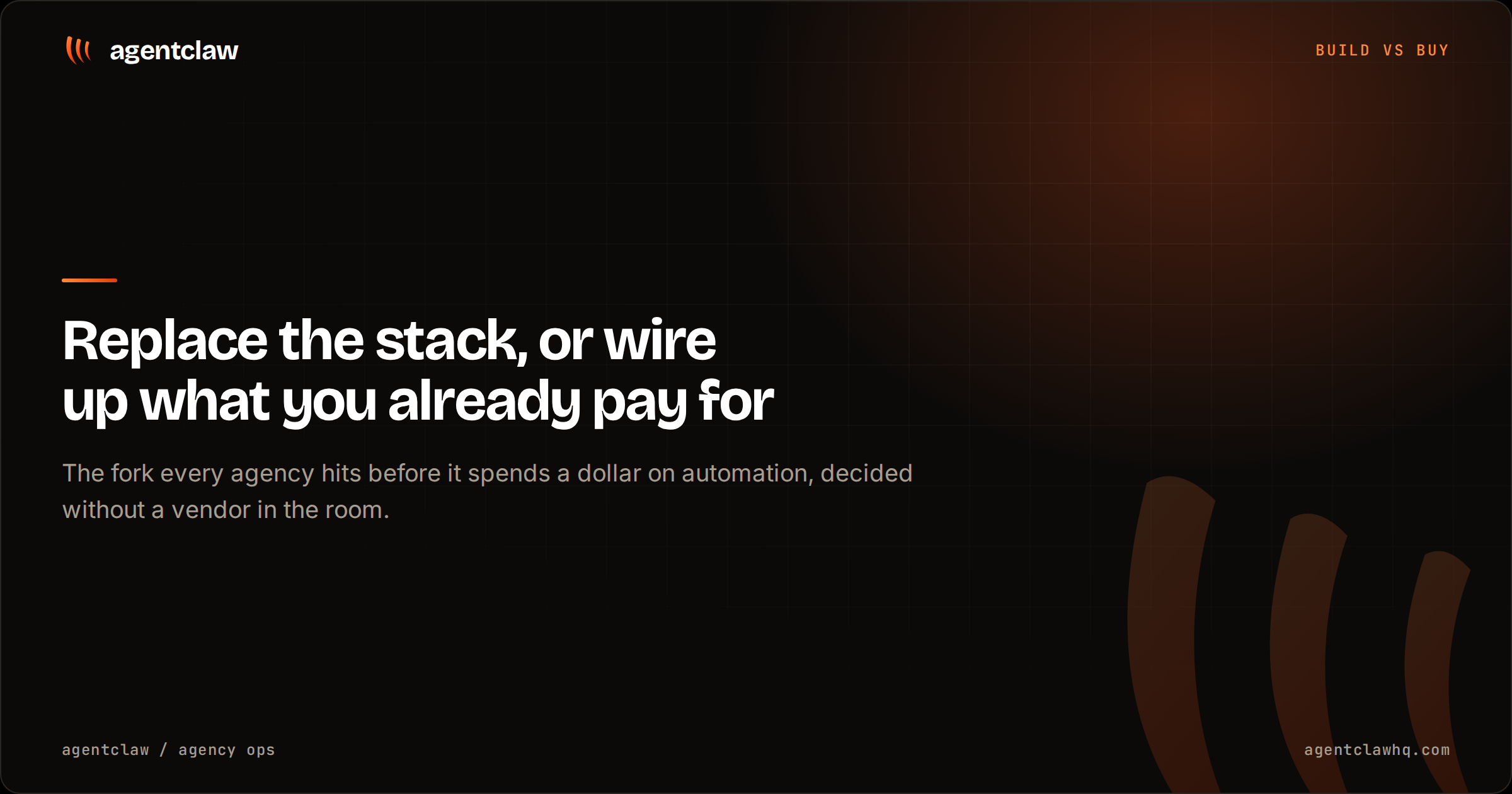 Cover card reading: replace the stack, or wire up what you already pay for, over the agentclaw claw mark.