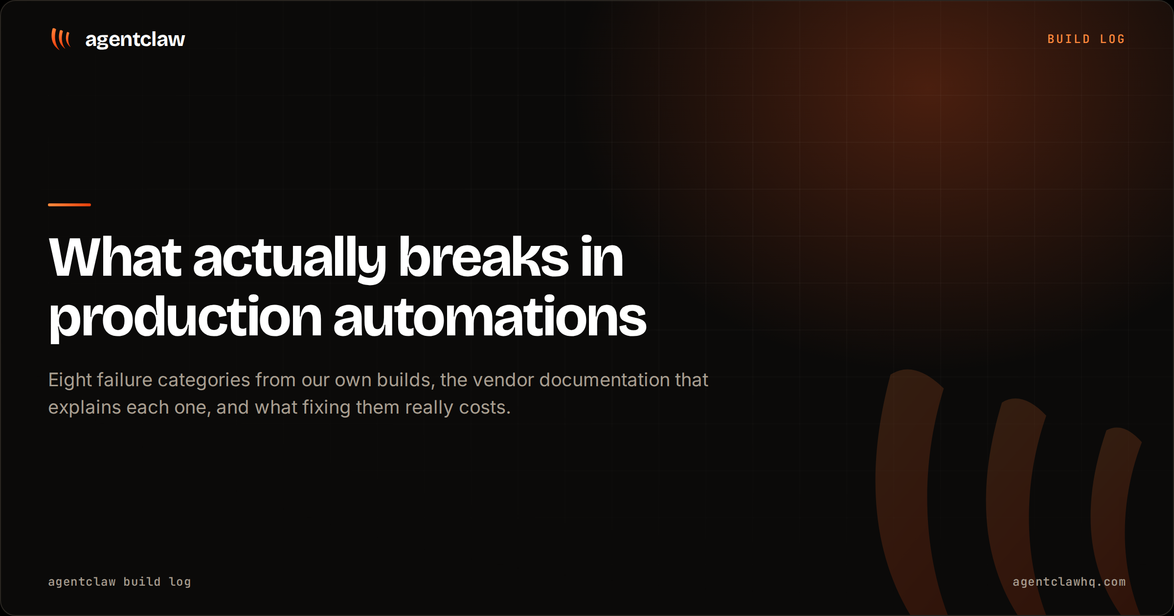 Cover card reading: what actually breaks in production automations, over the agentclaw claw mark.